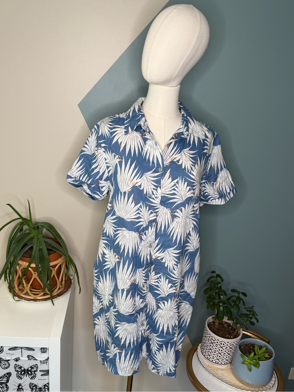 Rachel Zoe 100% Linen Palm Leaf Shirt Dress Coastal Resort Vacation Blue Small - Picture 2 of 10